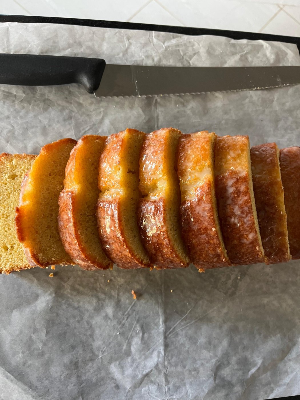 A sliced CHIPPY'S citrus loaf cake