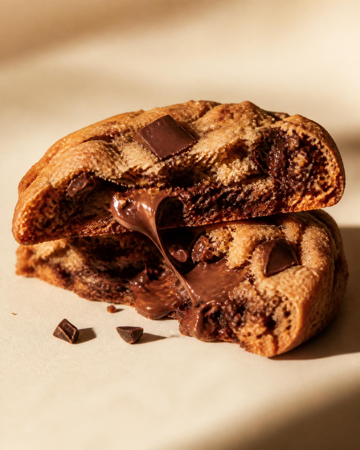 A stack of NYC-style chocolate chunk cookies with molten chocolate